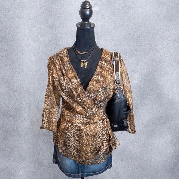 Vintage Y2K Passport Snake Print Sheer Wrap 3/4 Sleeve Blouse Medium - Picture 1 of 8